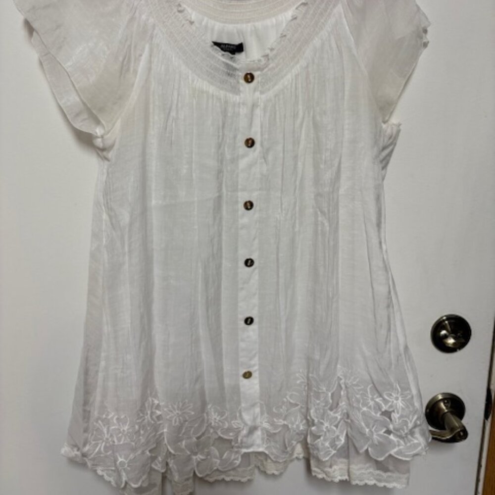 ALFANI WOMAN DELICATE WHITE SHIMMER LACE LINED CAP SLEEVE TUNIC. SZ. 18W